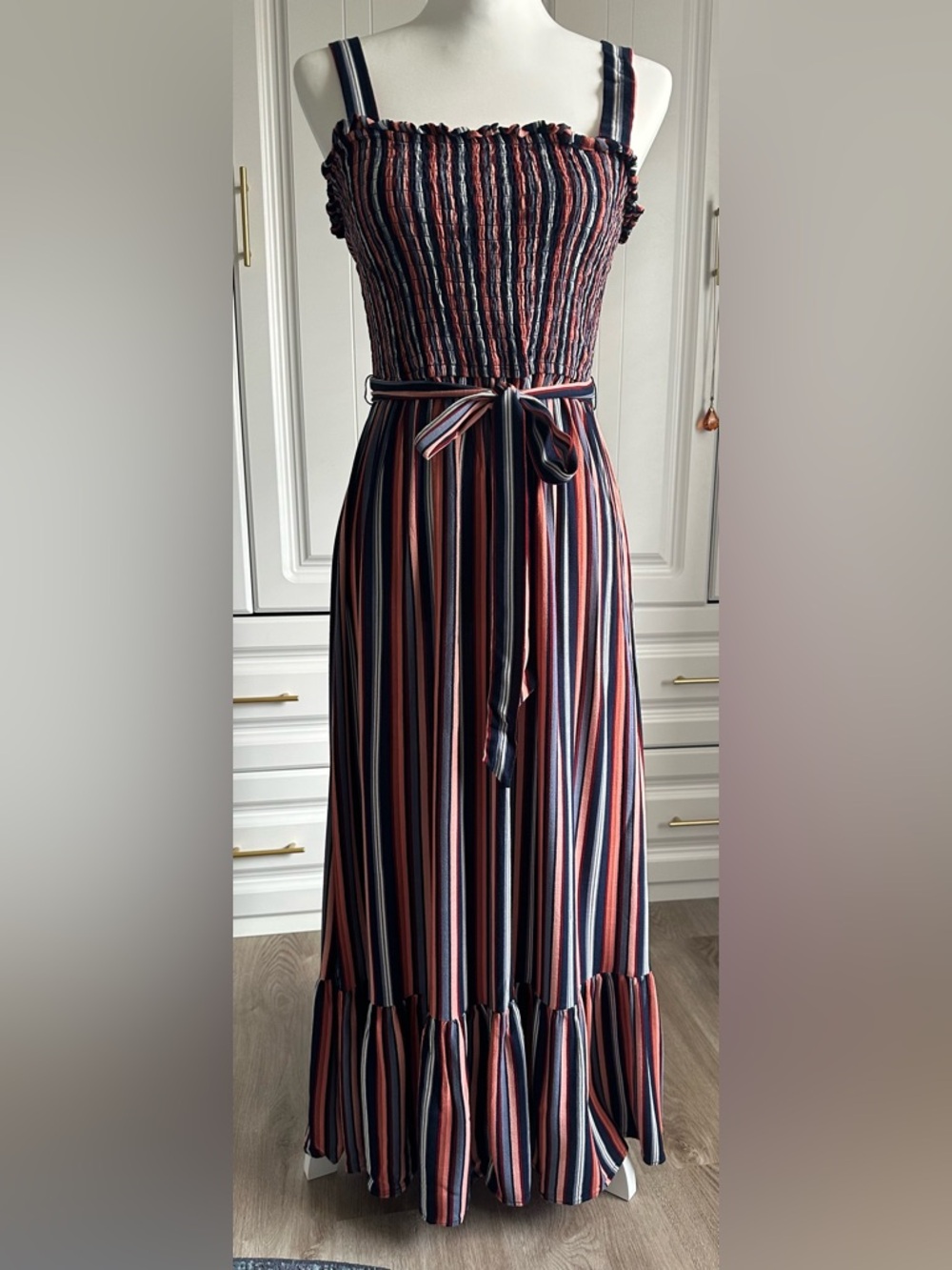 Ladies Universal Thread Navy and Orange Ruched Tie Front Maxi Dress Size Medium